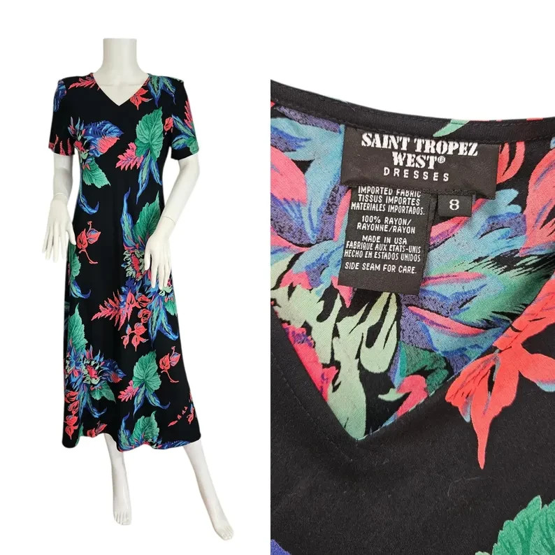 St Tropez West 1990s Black Neon Leaf Print Rayon Dress Med Carol Little