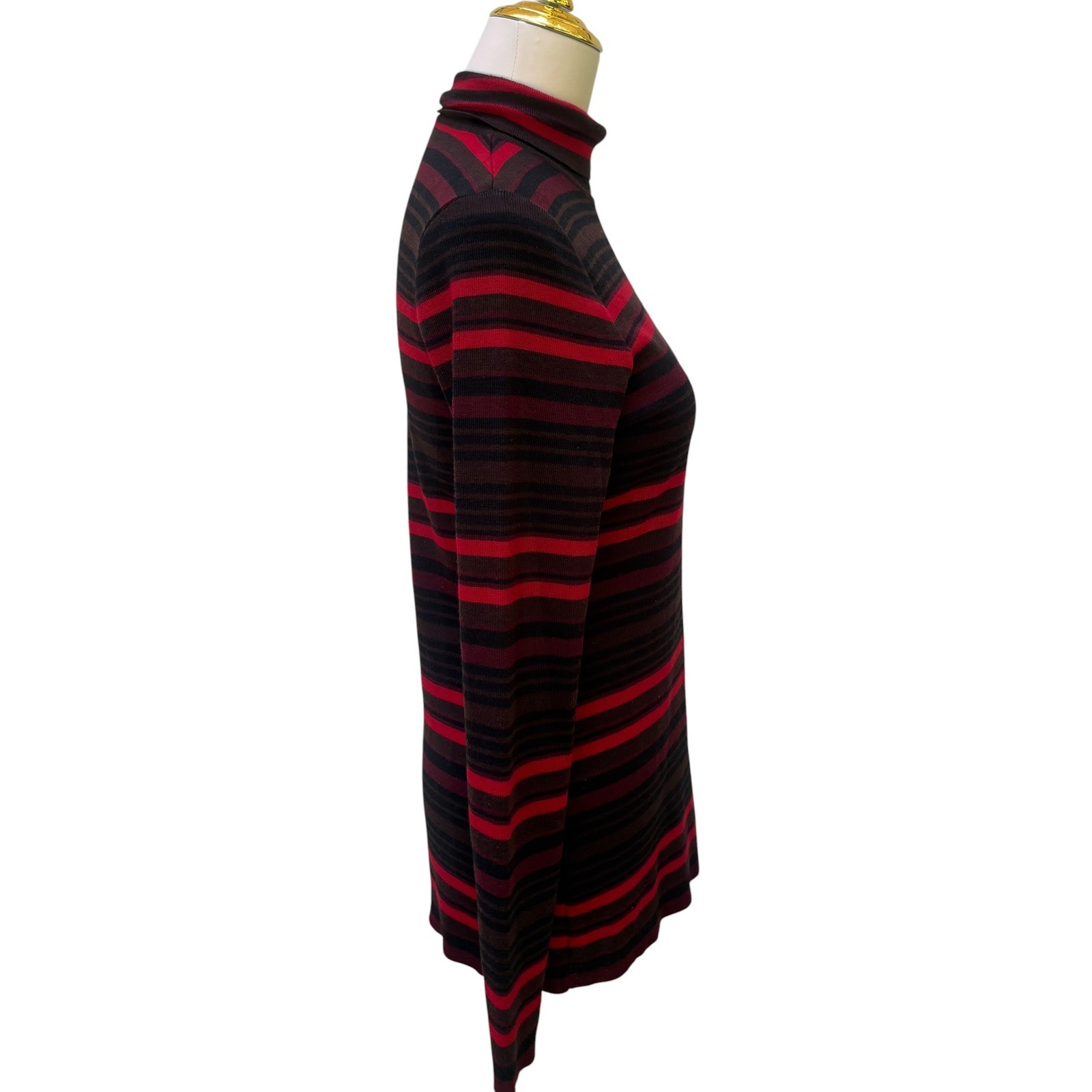 VTG Henri Bendel Sweater Turtleneck L Red Brown Striped Extrafine Merino Wool