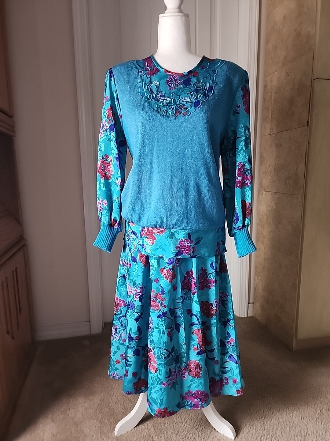 Vintage Anthony Sicari Long Sleeve Knit Top Skirt Set Teal Blue/Multicolored 12
