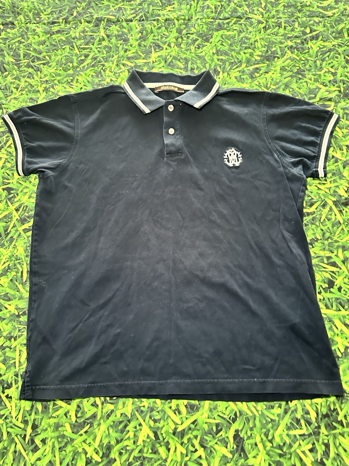Vintage Y2K Roberto Cavalli Navy Logo Polo Shirt Sz L Preppy Academia Hologram