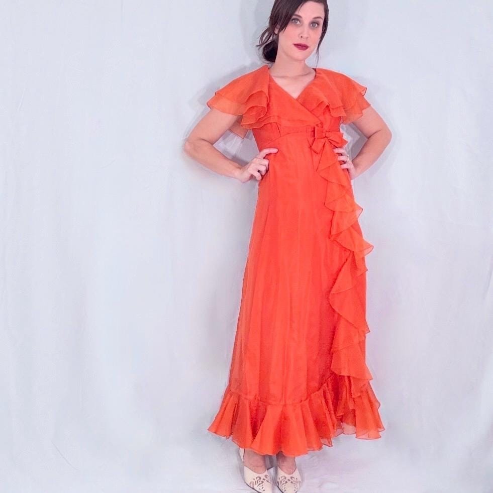 Vintage 70s Gown 2 Orange Sheer Organza Empire Waist Cape Sleeve Glam Formal