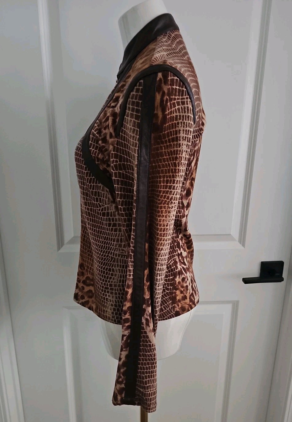 Vtg Y2K Mix Media Snake Leopard Print Mock Neck Faux Leather Panels Zip Sweater