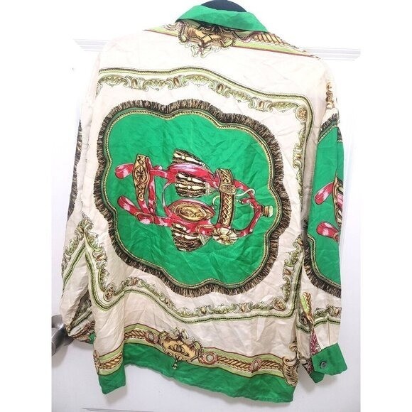 VTG Ted Lapidus Paris Scarf Print Blouse Women’s M Green Equestrian Preppy Shirt