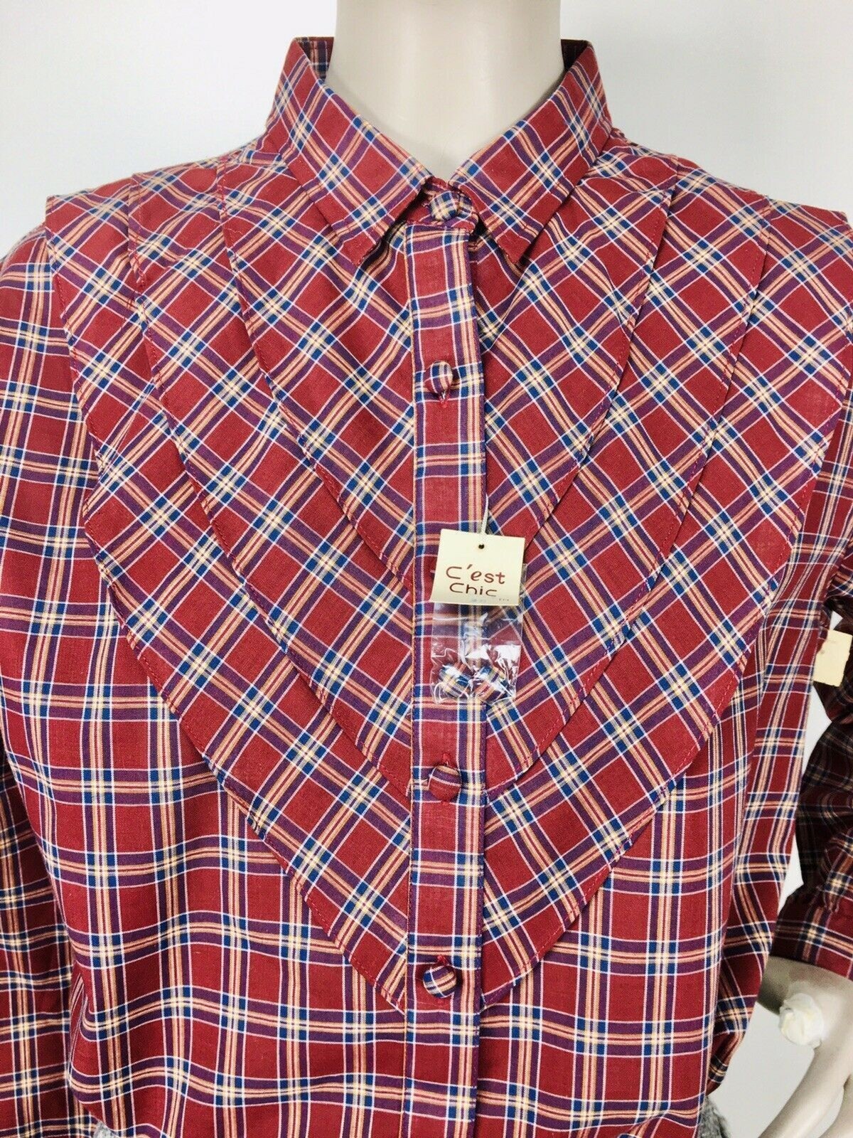 Vintage 80s Boho Western Cowgirl Plaid Ruffle Front Button-Down Blouse NEW