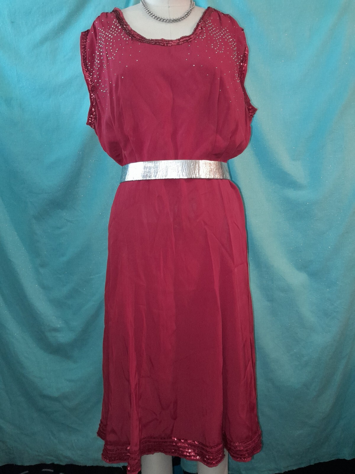 Vtg 30s 40s Red Sequin Rayon Crepe Studded Custom Short Party Evening Dress W30