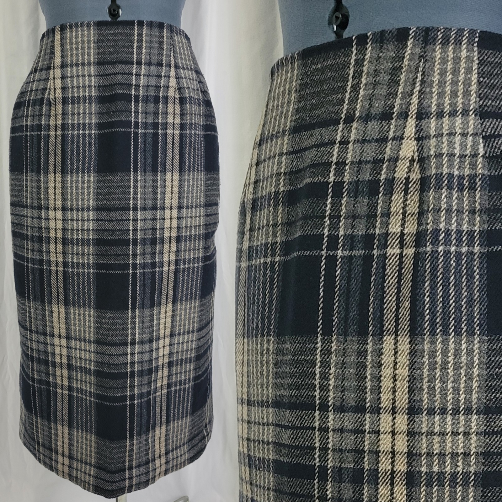 Vintage Savannah Navy/Lt Grey/Dark Grey Plaid Wool Blend Pencil Skirt Size 8