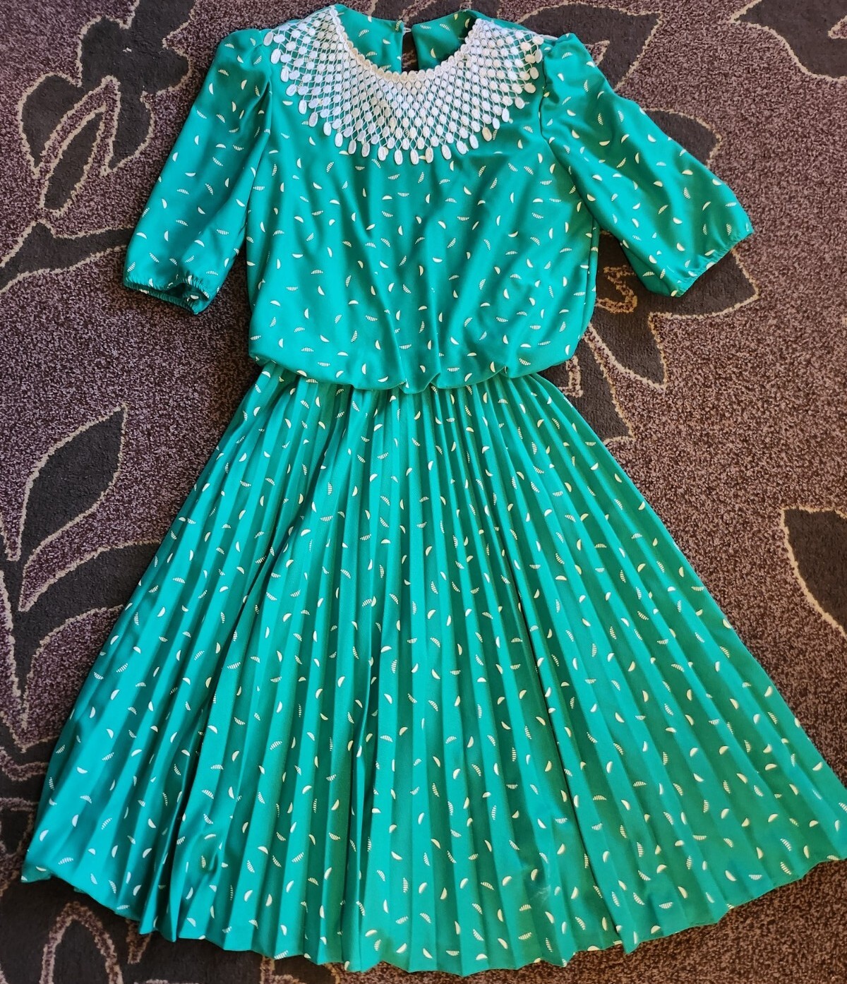 KR of NY VTG 80’s Women Kelly Green 3/4 Sleeve Blouson Pleated Bottom Dress 9/10