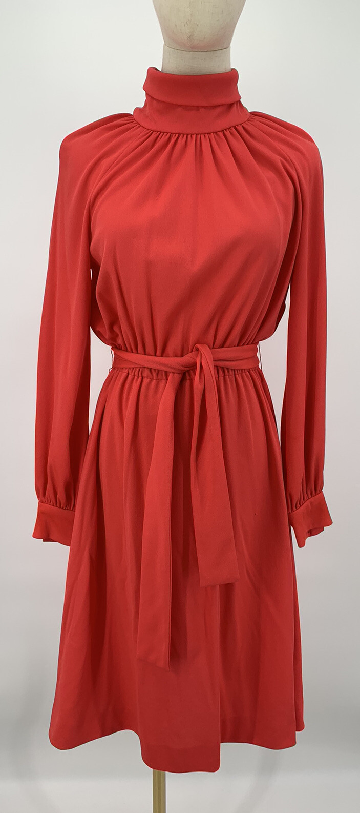 Vintage 70s Carlye Secretary Holiday Red Dress Belted ILGWU Tag High Neck Talon