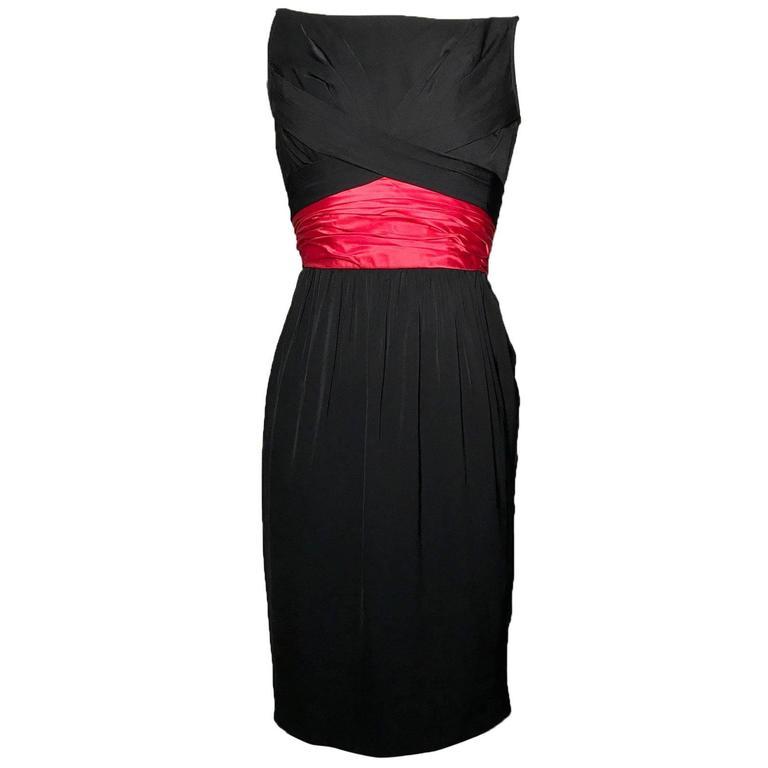 Ceil Chapman VTG 1950s Silk Cocktail Dress with Pink Red Sash Cummerbund XS 0