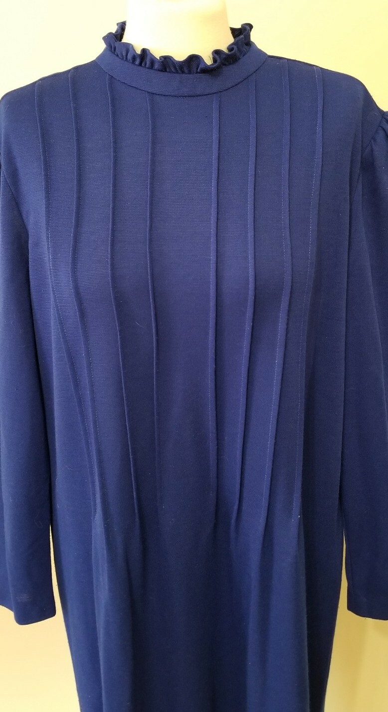 Vintage 70s Nancy Greer New York Royal Blue Pintuck Dress Poly Wool Size 18 L