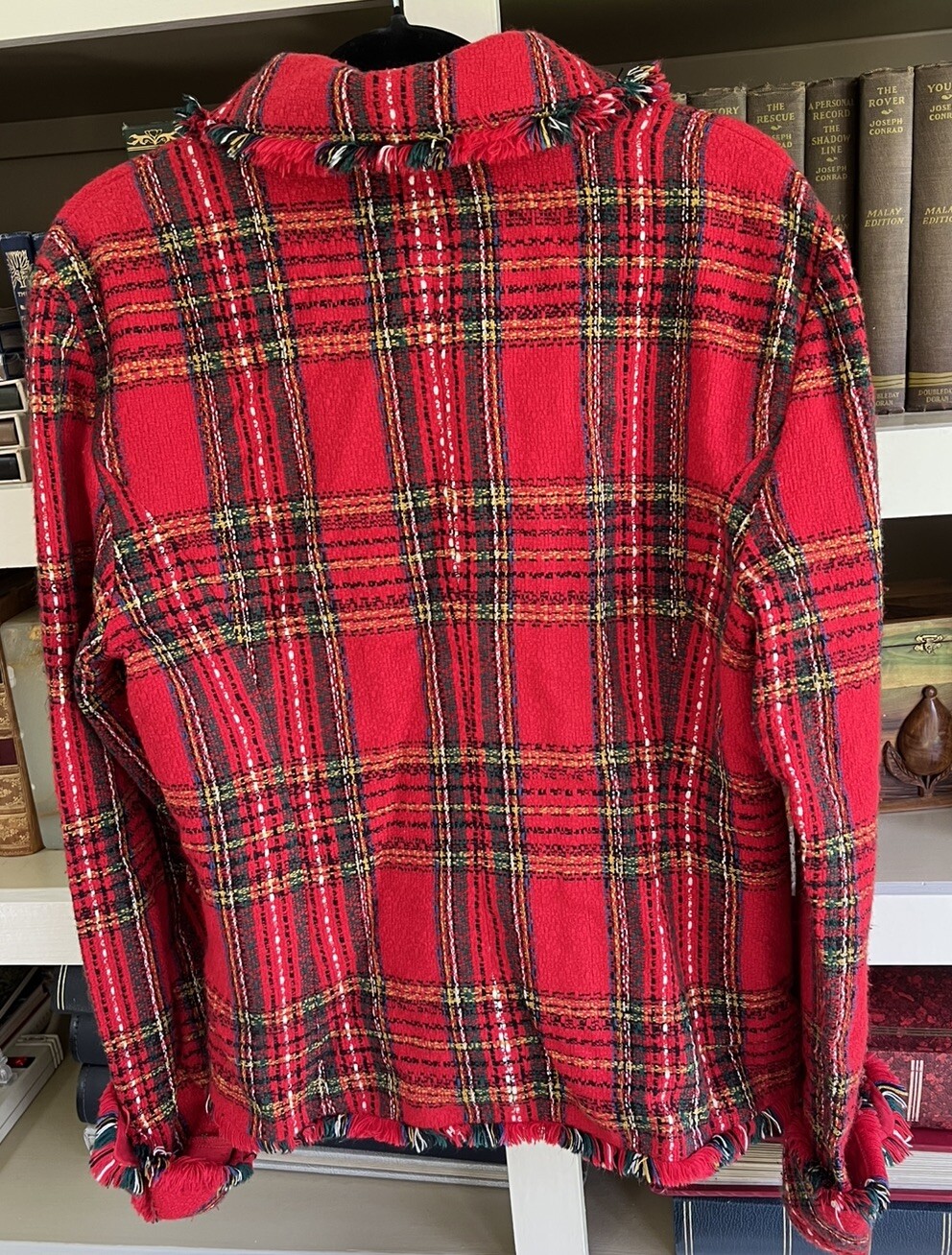Vintage Santa Fe Red & Green Tartan Jacket Fringed Edges Cool Buttons Sz Medium
