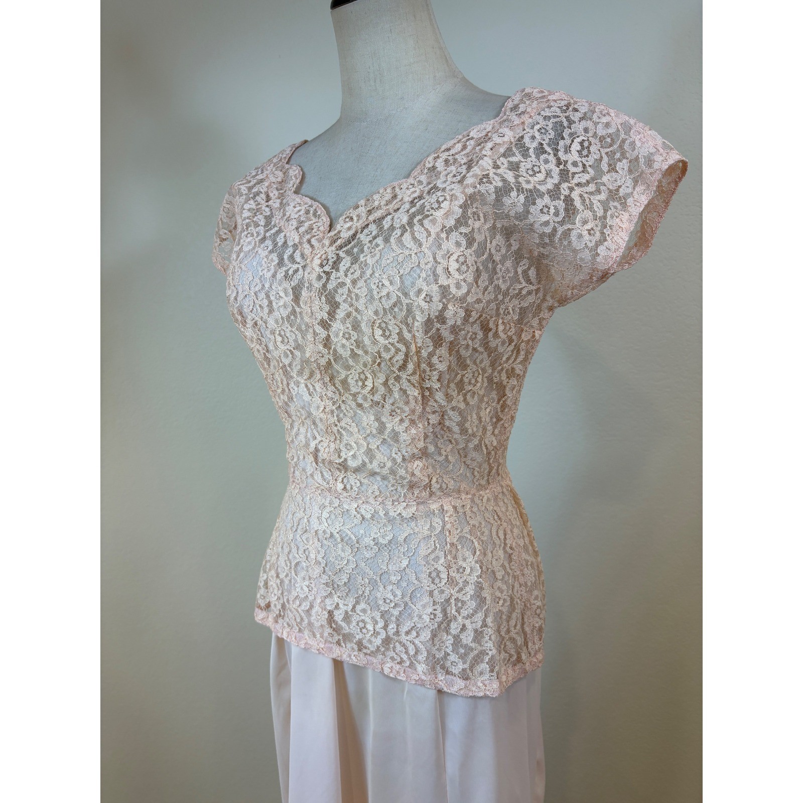 Vtg 50s Lace Top Scarf Slip Set S Pink 3pc Ensemble Romantic Formal cocktail