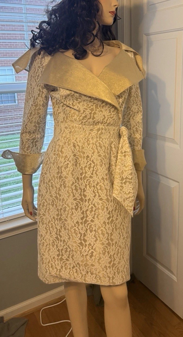 Vintage Pilar Rossi Lace & Metallic Gold Dress Saks Fifth Avenue 90s M USA