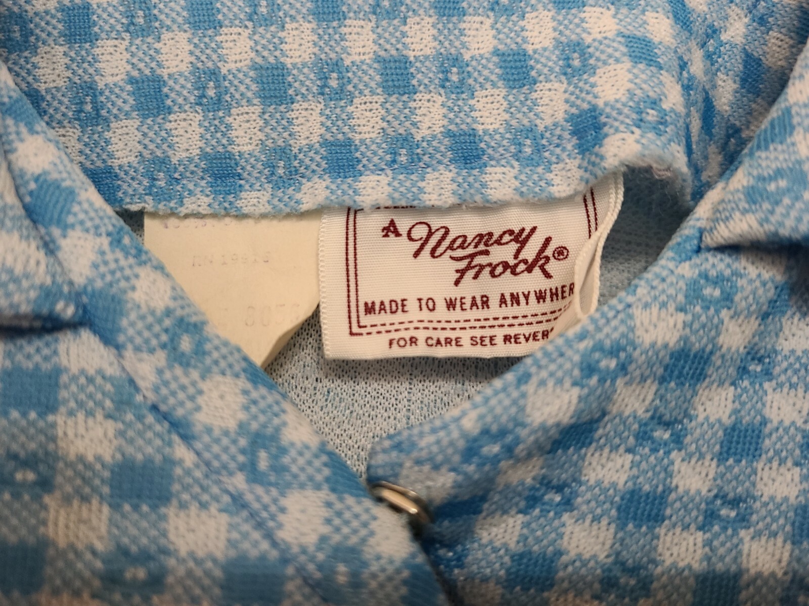 Vtg ‘70s A Nancy Frock Belted House Dress Blue/White Gingham Asymmetrical Button