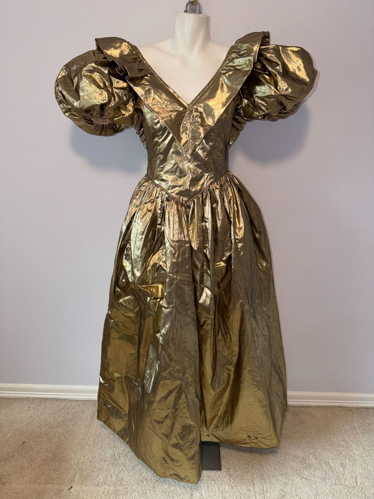 Vintage 80s Gold Lame Prom Dress S M Puff Sleeve Metallic Liquid Gold Ball Gown