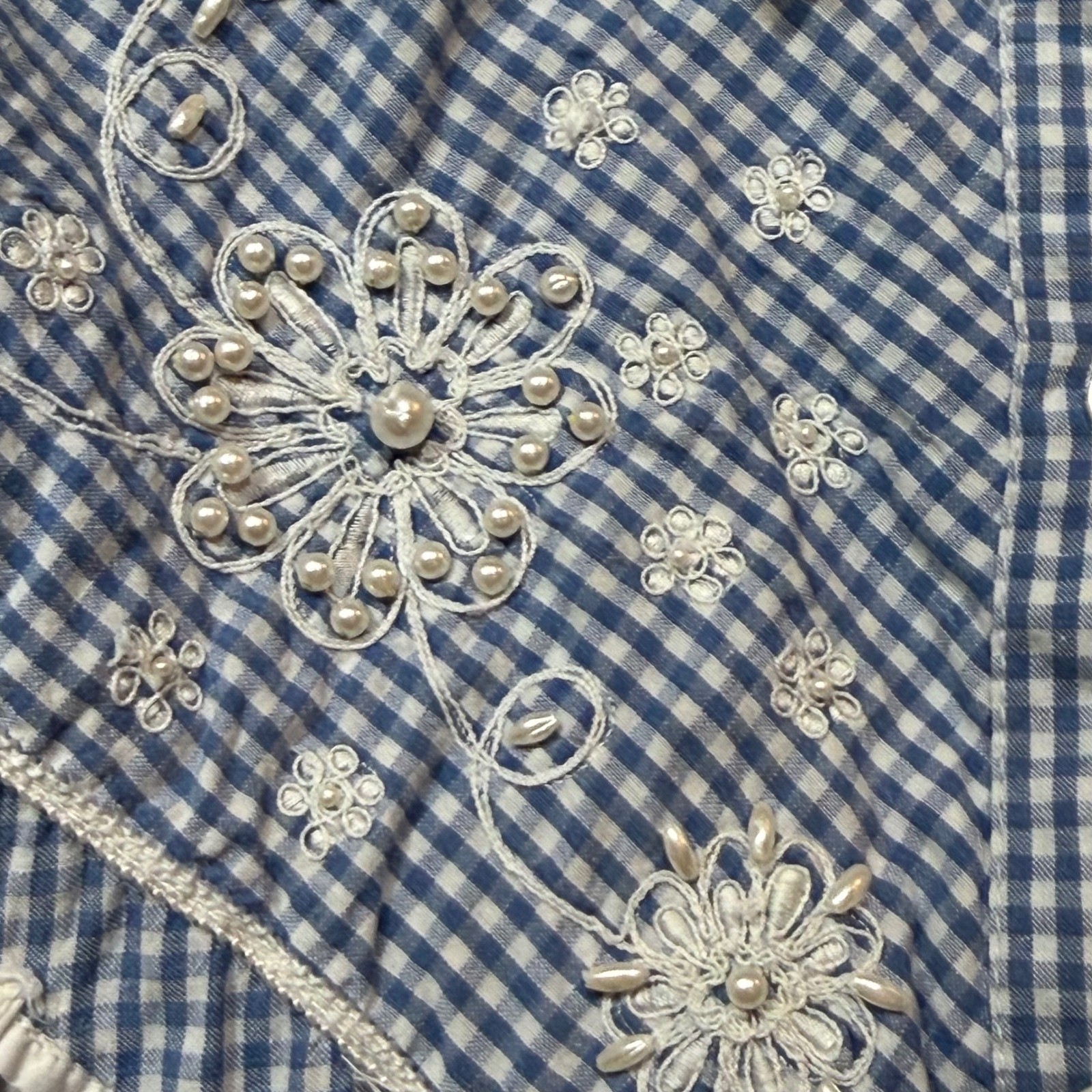 Vintage Western Gingham Embroidered Pearl Button Down Shirt Blue White XL 2XL