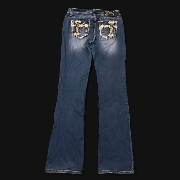 Cello cross detail embroidered flare jeans Vtg y2k stretch size 11(28×34)