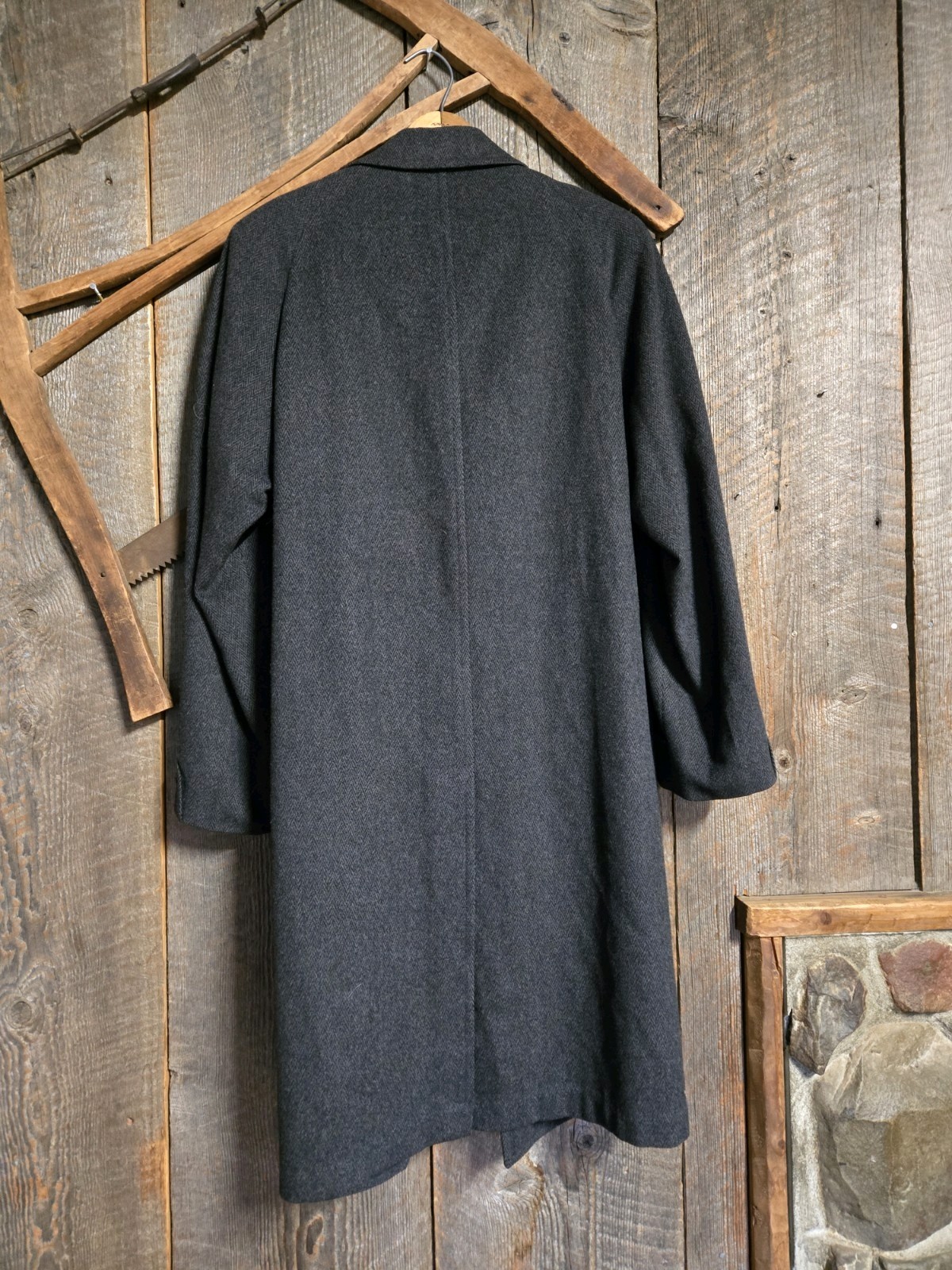 Vintage 40s/50s/60s Scottish Wool Herringbone Tweed Trench Coat M Charcoal Gray