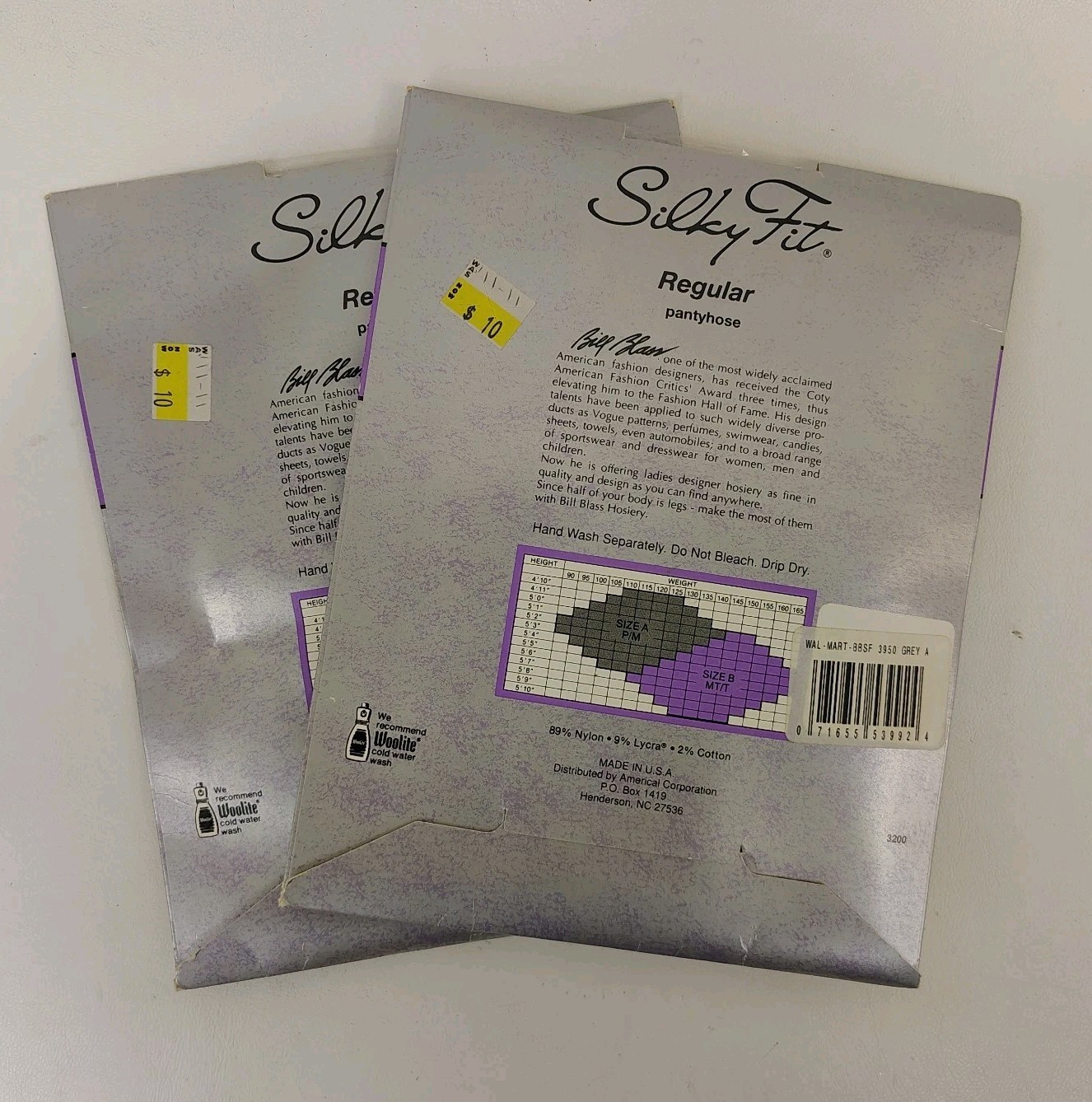 New Lot of 2 Silky Fit Size A Regular Pantyhose Bill Blass Grey 3950 Sandlefoot