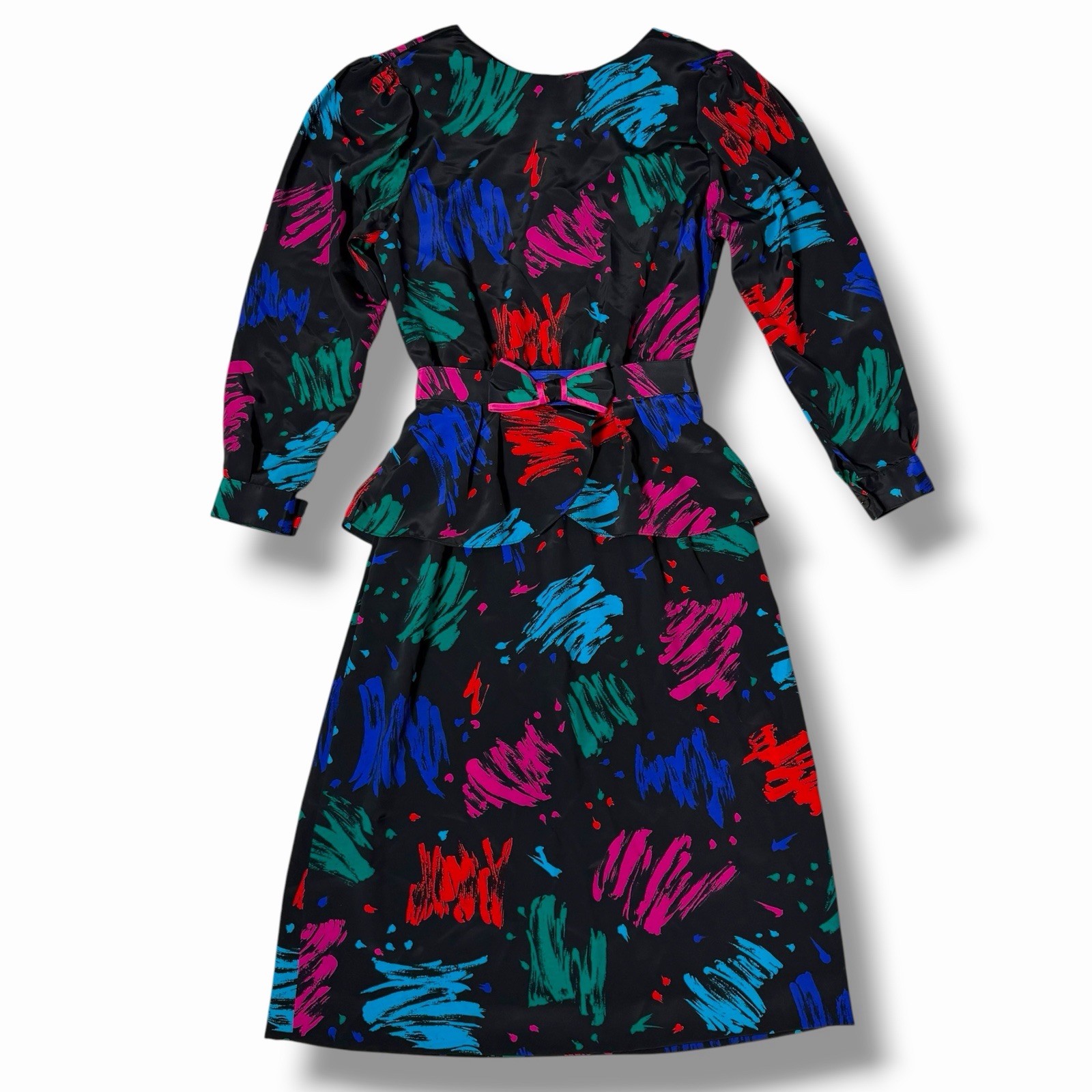 Vintage 80s LANZ Abstract Brushstroke Midi Dress Belted Peplum Pockets Small ?