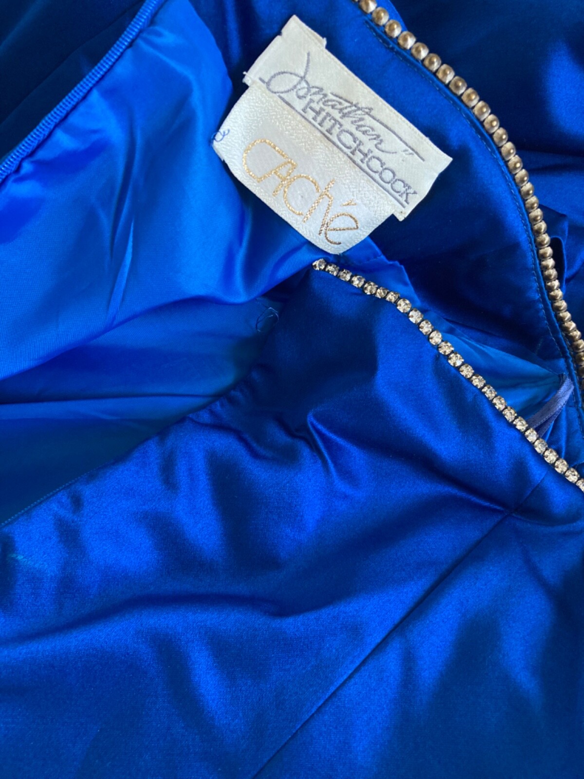 Vintage CACHE Peacock Blue Silk Bubble COCKTAIL Dress Rhinestones Strapless 36