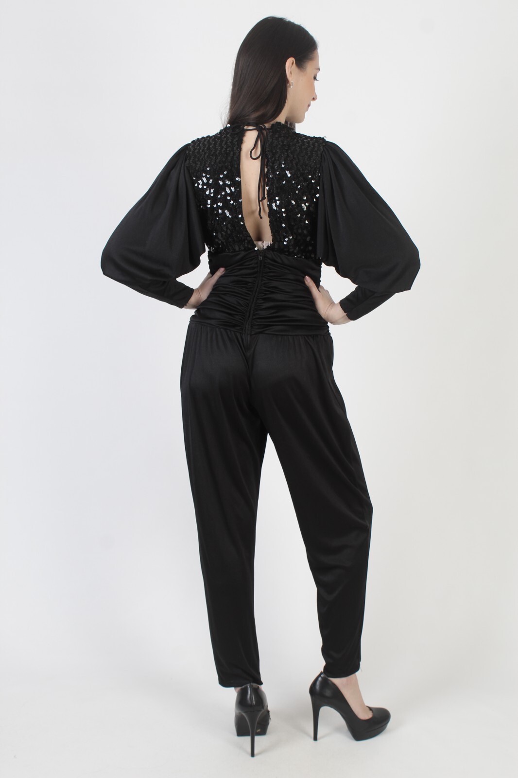 Vintage 80s Black Sequin Jumpsuit Deep V Open Back Backless Disco Maxi Playsuit