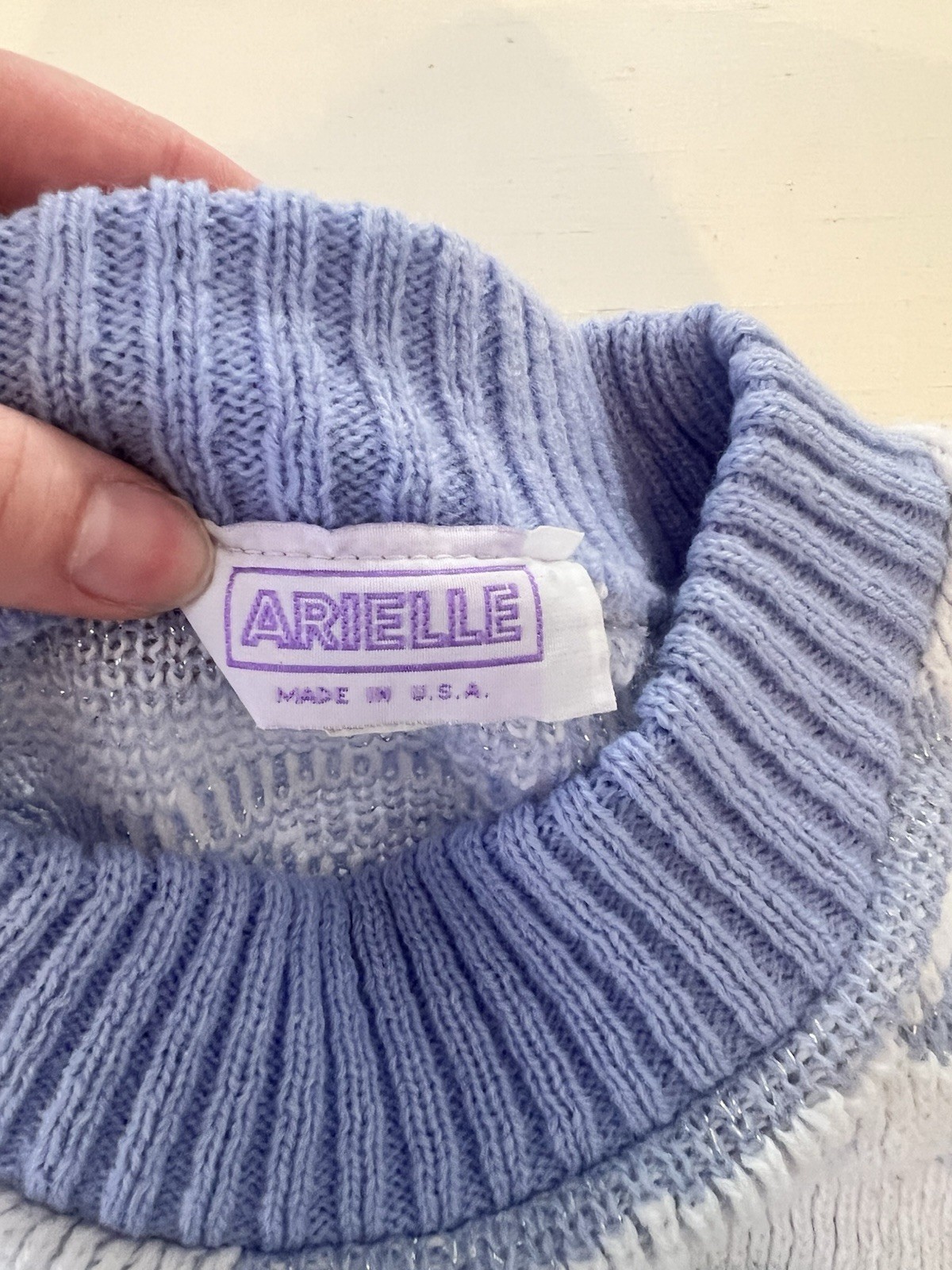 Arielle Vintage Floral Knit Sweater Blue White Metallic Lurex Made in USA Retro