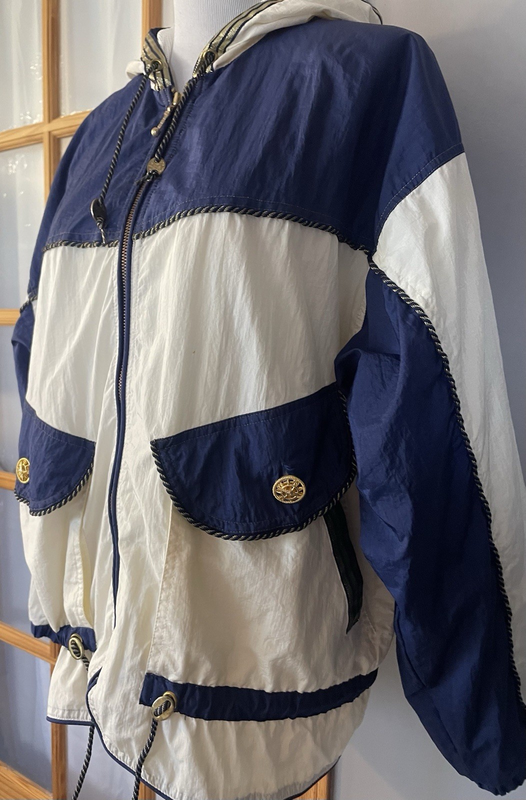 Vtg East West Windbreaker Hooded Jacket Womens M Full Zip Pockets Nautical