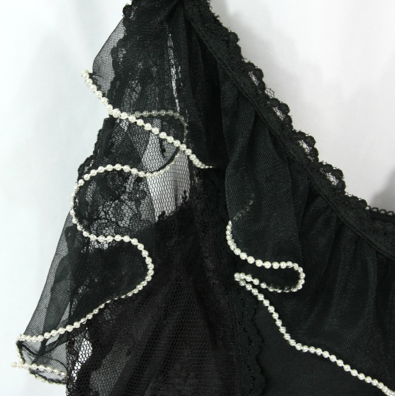 Vintage Sedu Beaded Sheer Black Lace Ruffles Satin Lingerie Teddy Camisole S