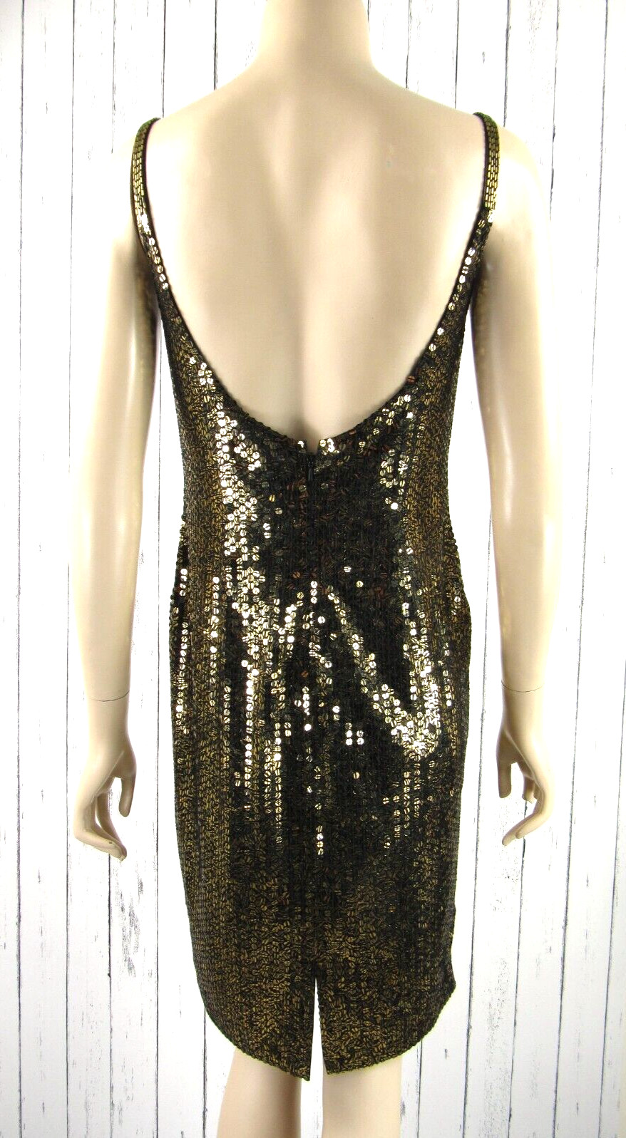 Vintage 80s 90s BLACK TIE Black Gold Sequin Beaded Slip Dress Mini Party Prom M