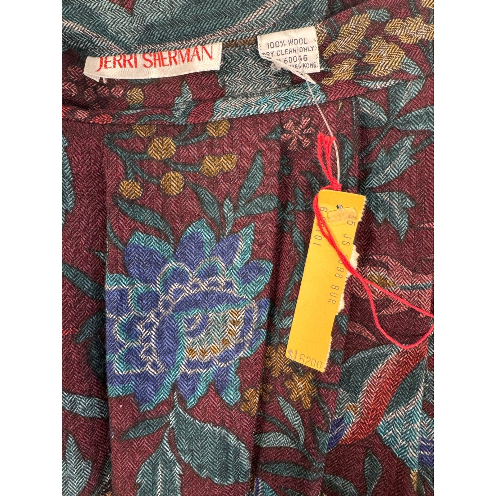 Jerri Sherman Vintage Wool Pleated Midi Skirt Burgundy Floral Pockets Size 2 NWT