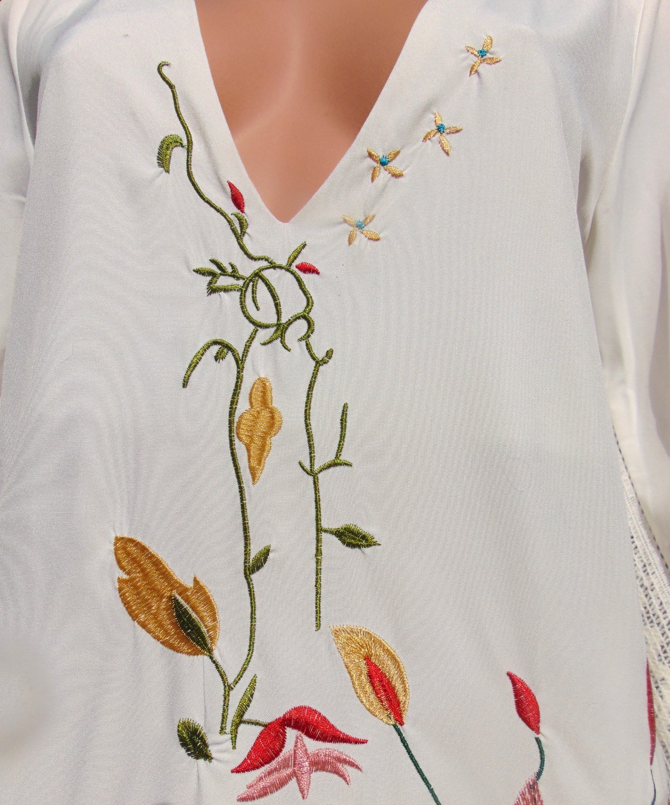 Vtg Rachel Welch Replica Iconic Embroidered Peacock Fringe Hippie Dress
