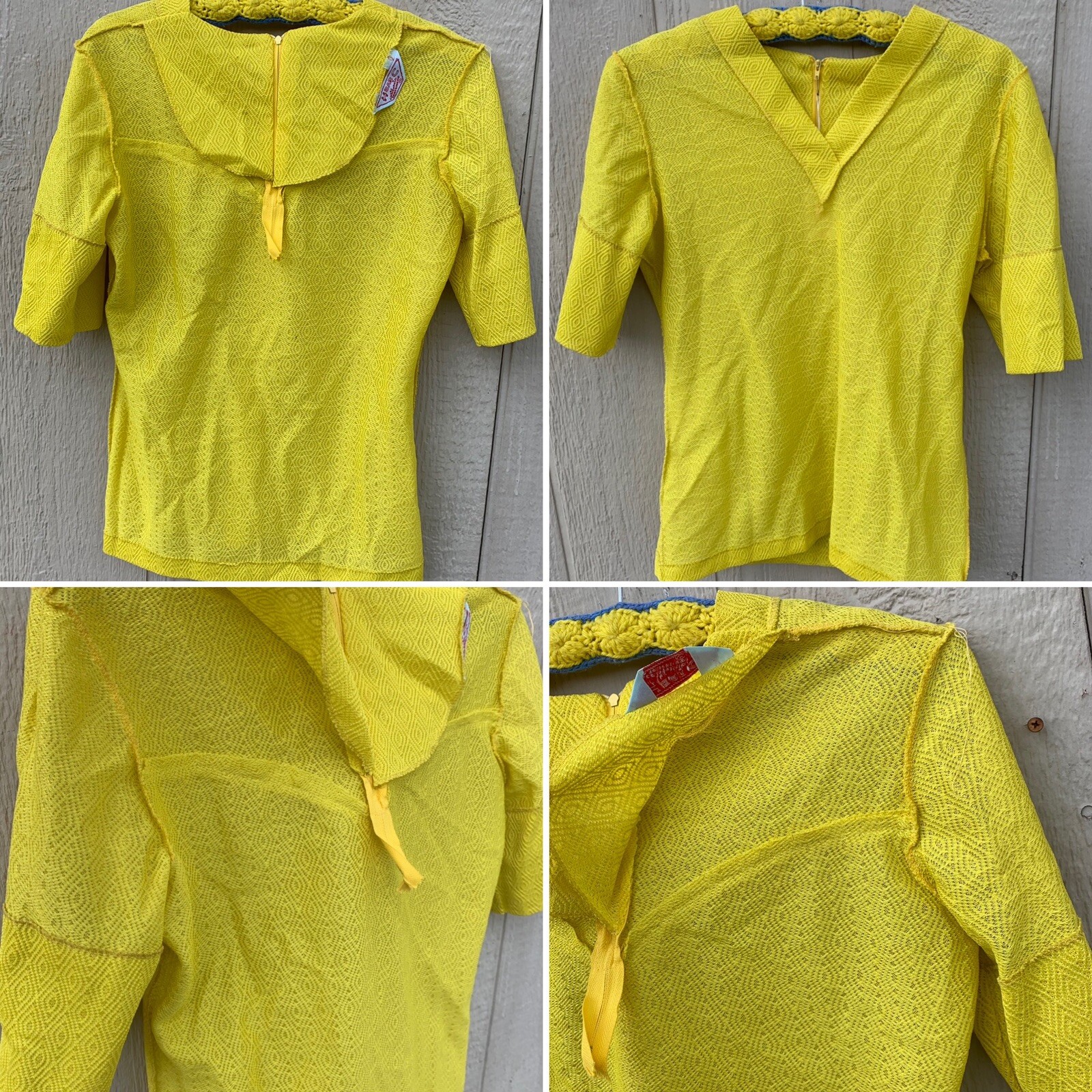 Vintage H Bar C California Ranchwear Top Diamond Pattern Knit Yellow 60s 70s M