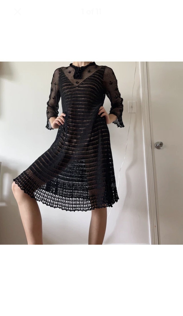 Vintage Black Cotton Hand Crochet Dress Long Sleeve Open-weave lace Knotted Cott