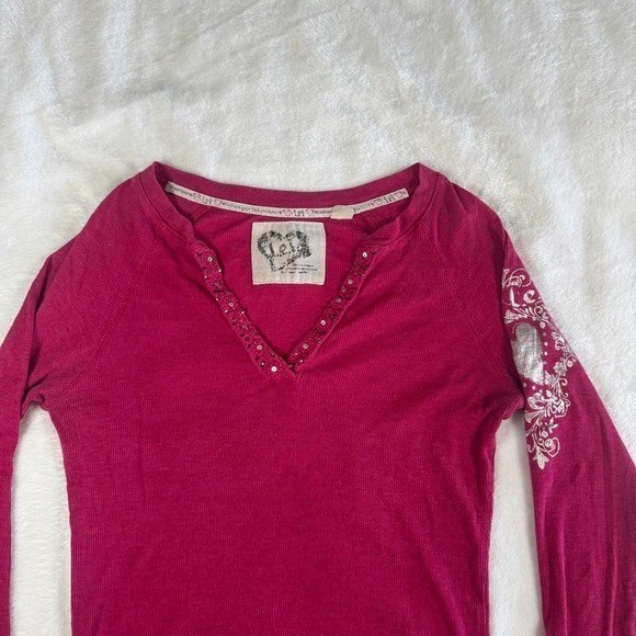 LEI pink rhinestone graphic babydoll henley top y2k vintage fairy mcbling