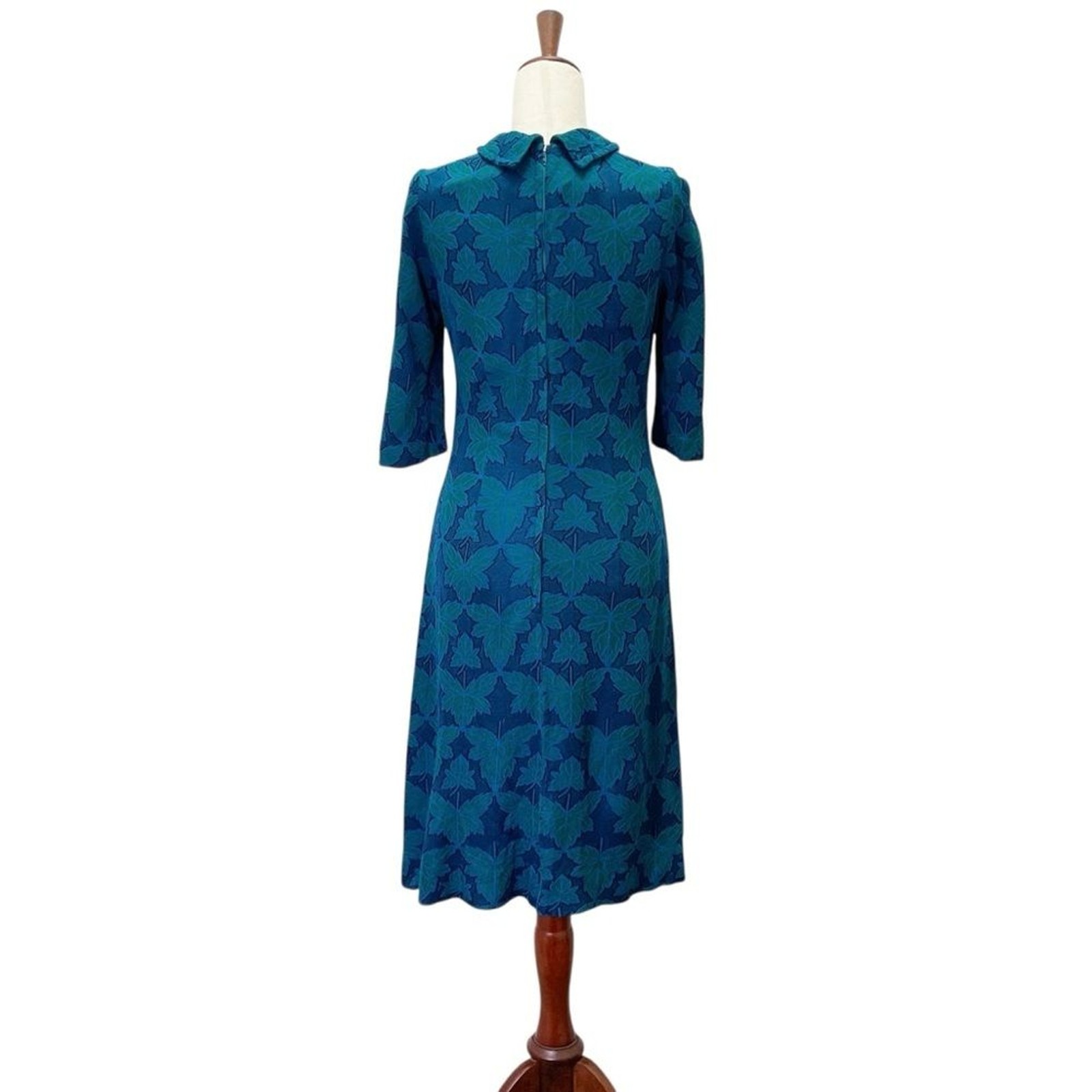 Vintage 1960s Jean Lang Original Blue Green Jacquard Leaf Print Dress Mod A-Line