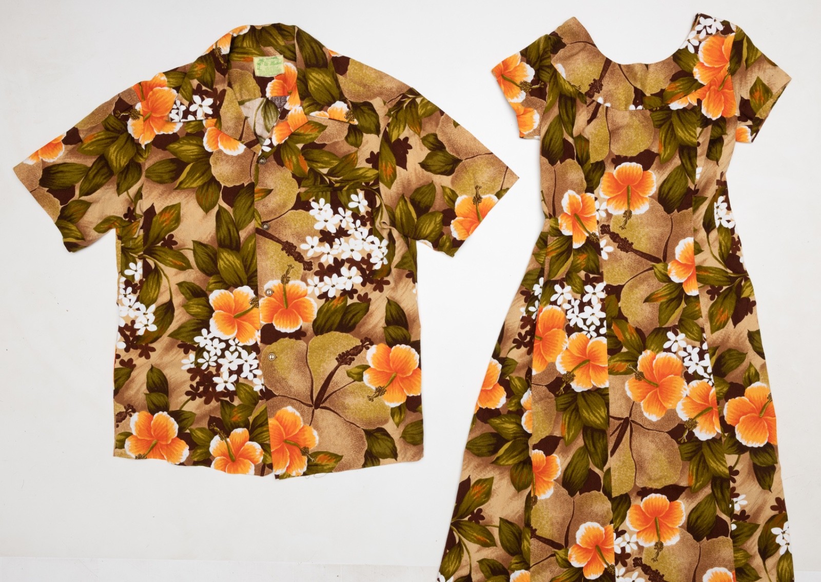 Vintage Ui-Maikai 60s 1960s Hawaiian Matching Honeymoon/Wedding Shirt/Dress Set
