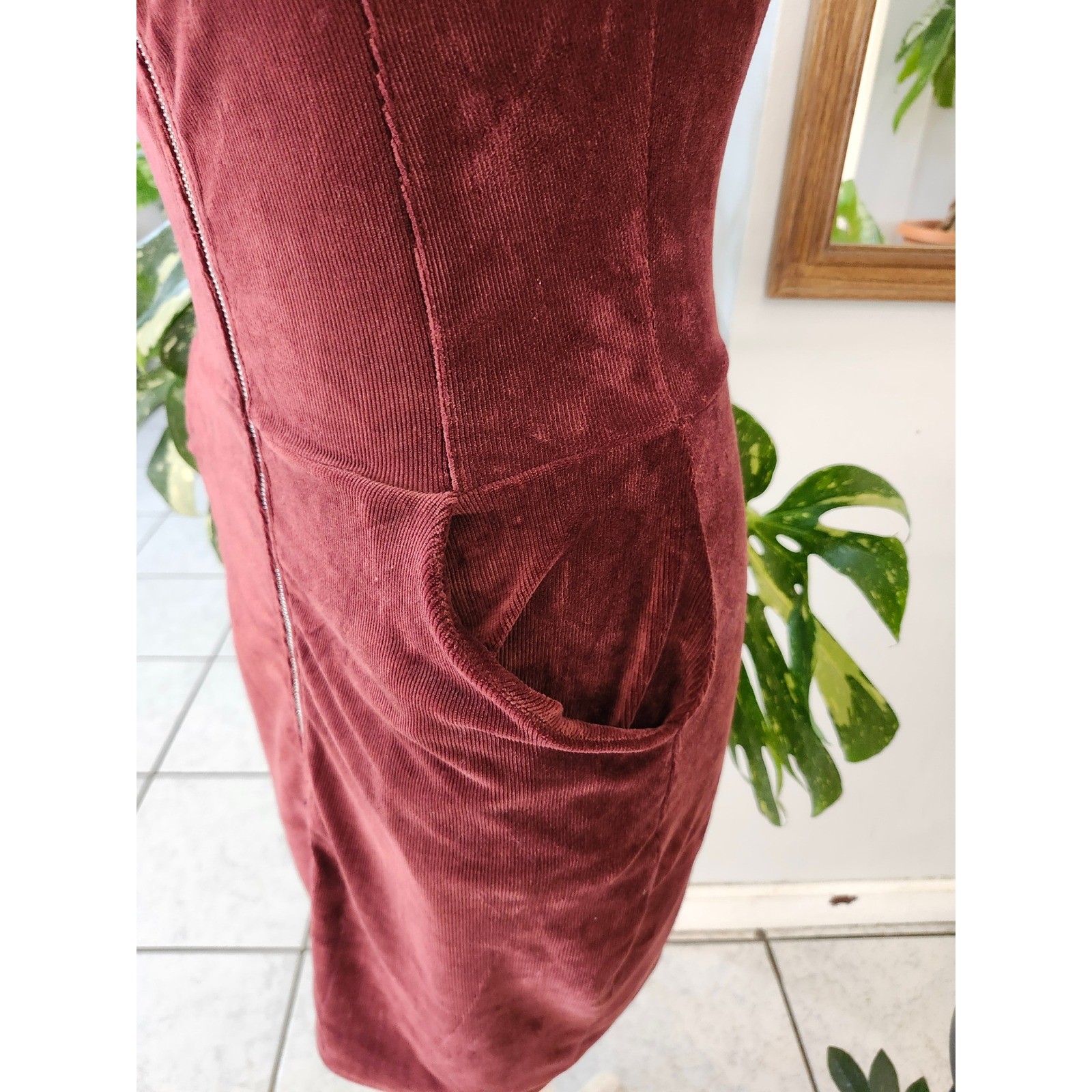 Heart Hips Burgundy Corduroy Zip Front Pinafore Dress Small Y2K Grunge Academia