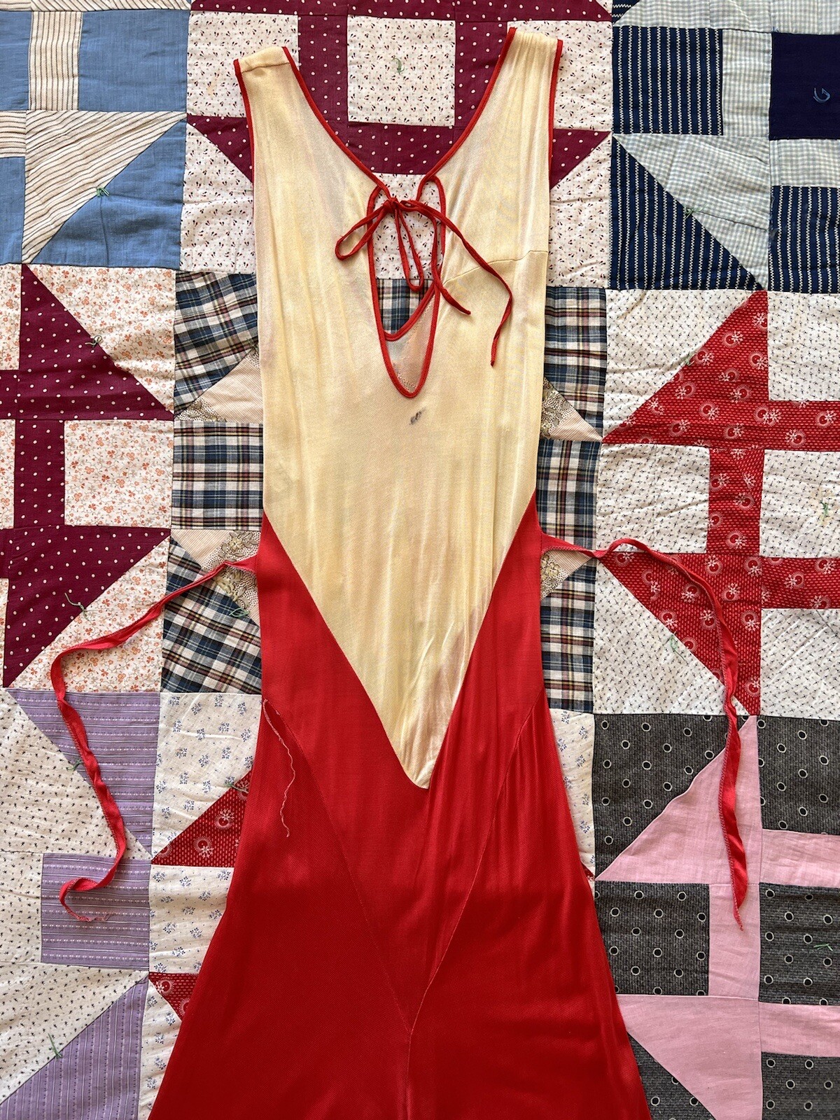 Vintage 1930s Red & Cream Trompe L’Oeil Rayon Jersey Beach Pajamas Jumpsuit Deco