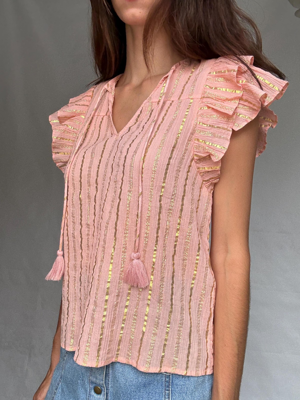 Pink and gold striped cotton top, XS