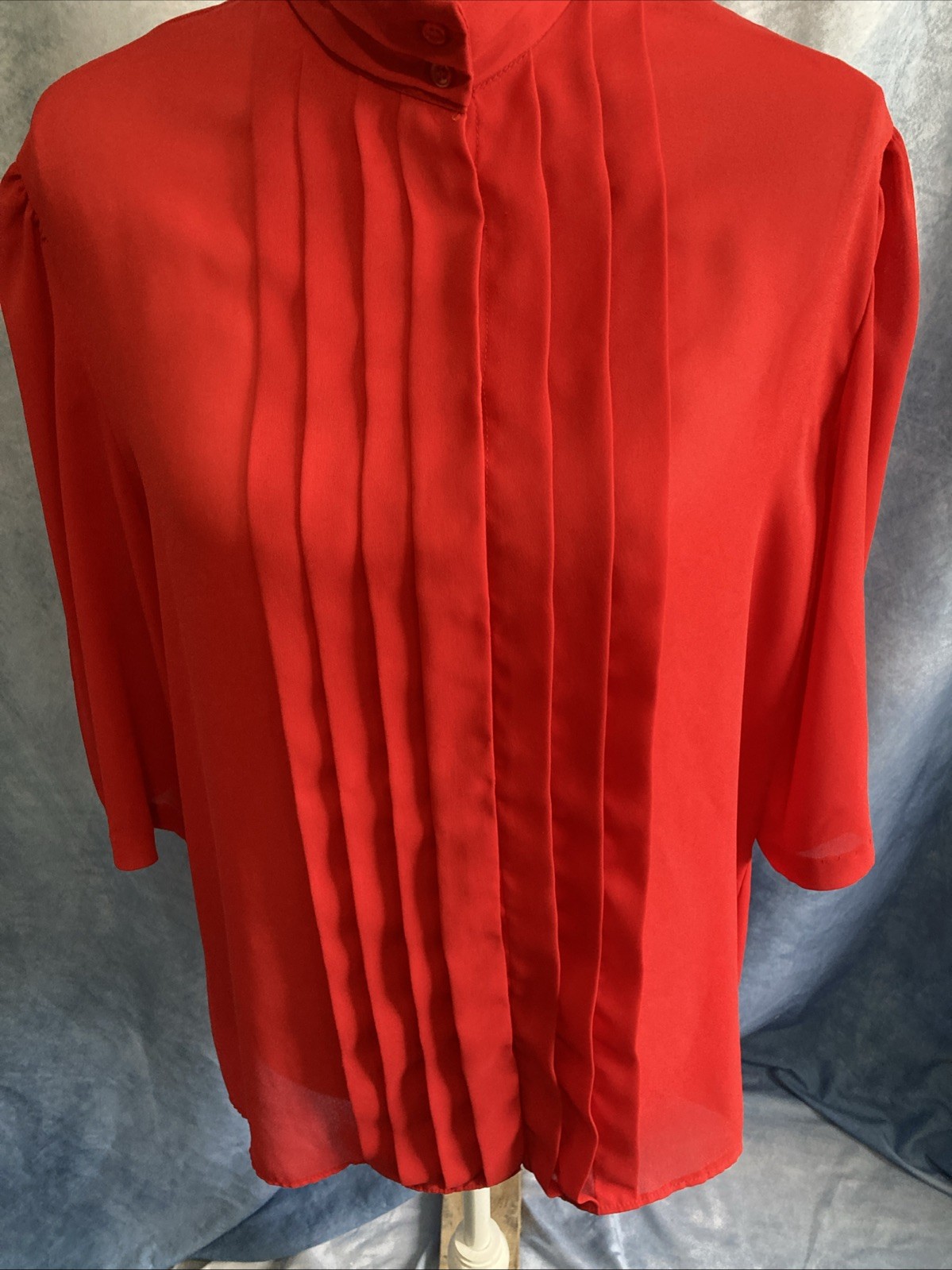 Vtg 80s Chadwyck Secretary Blouse 16 Red Pleats Tuxedo Crepe Sheer USA Mock Neck