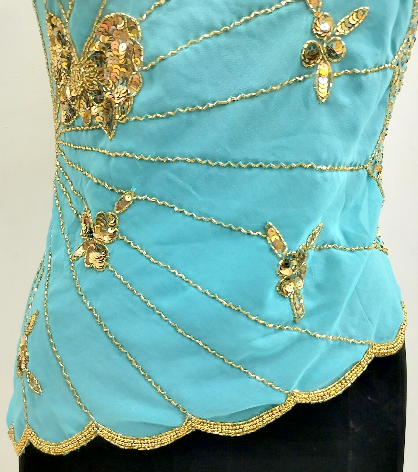 Vintage Y2K Bead Embroidery Costume Sequin Top Blouse Sheer Turquoise Gold Tunic