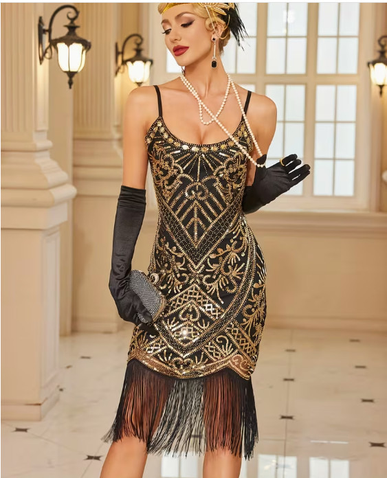 FLAPPER 1920s DRESS-Sequin, Fringed Gatsby Ball Dress, Beaded Applique
