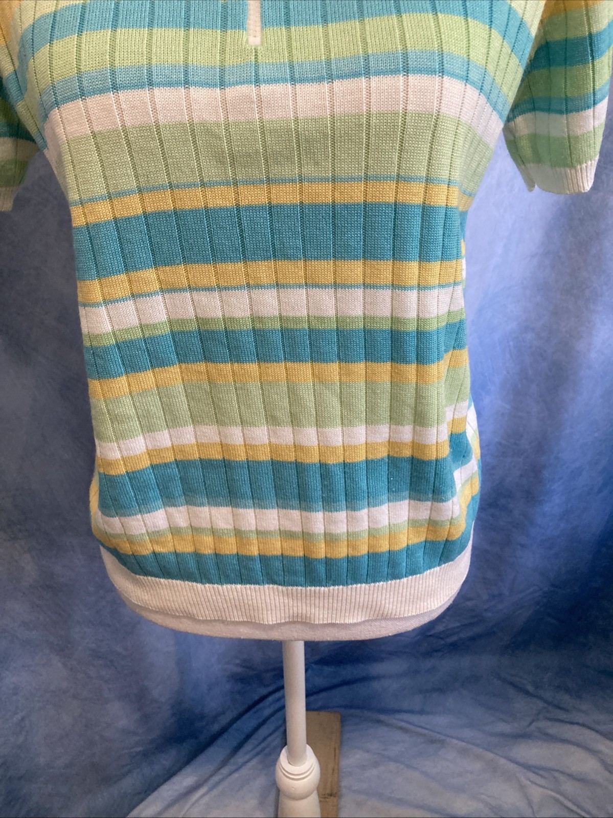 Vtg 80s 90s Alfred Dunner Striped Knit Polo Top USA Made Coastal Grandma Pastel