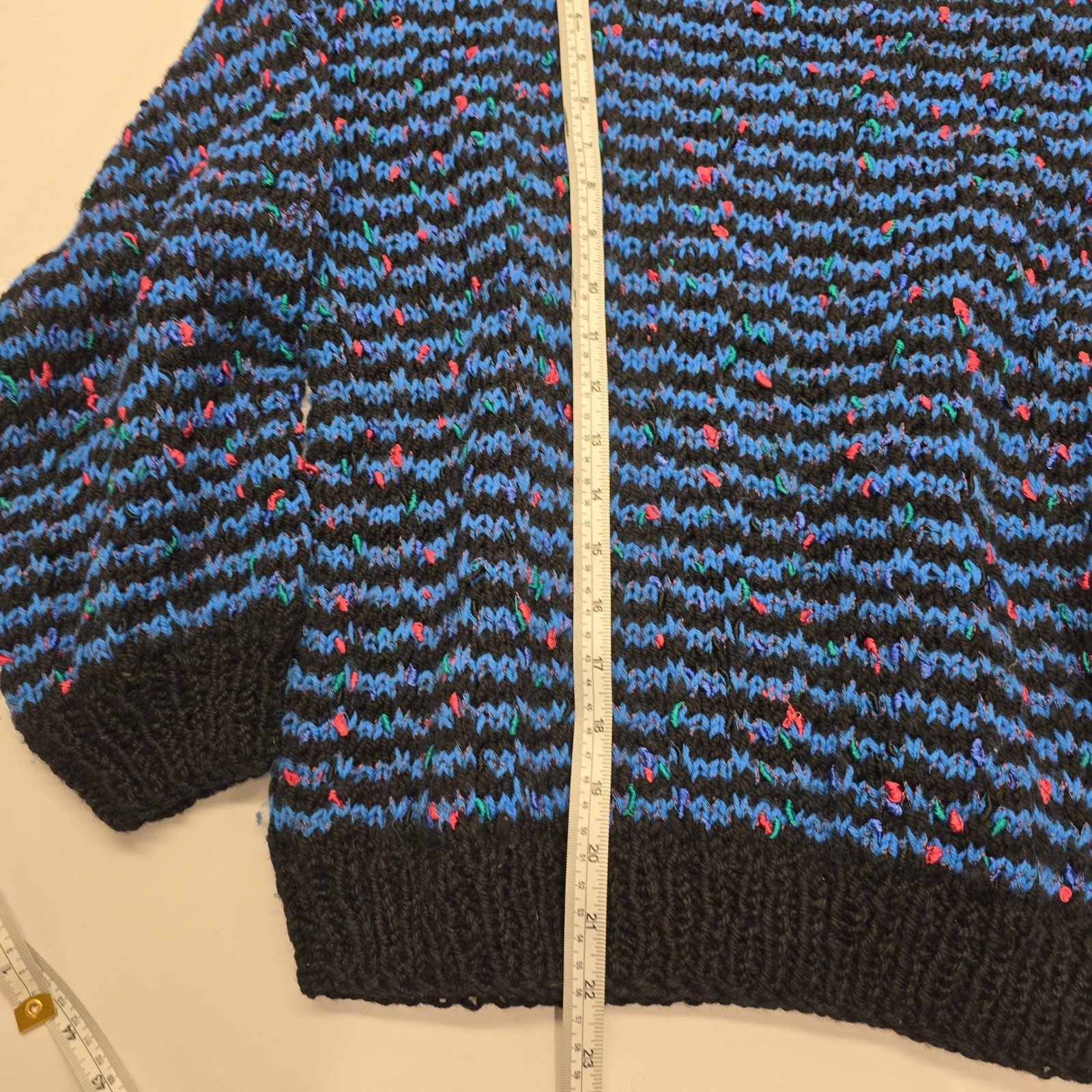 Vintage Hand Knit Striped Pullover Sweater Blue Black Pink Confetti Speckled