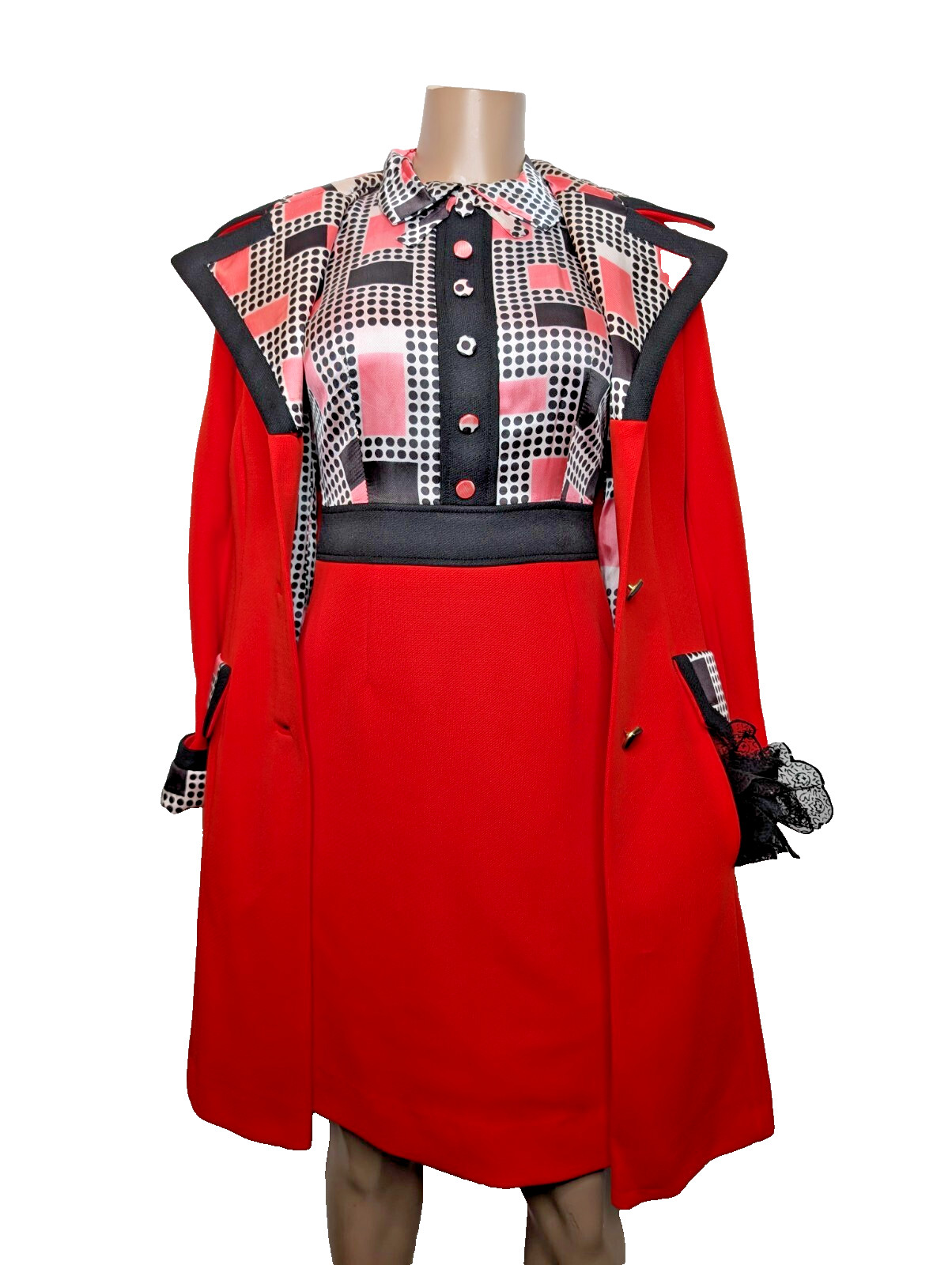 Vtg 60s 70s Two Piece Dress Coat Set Womens Youthcraft Pink Black Red Mod Go-Go