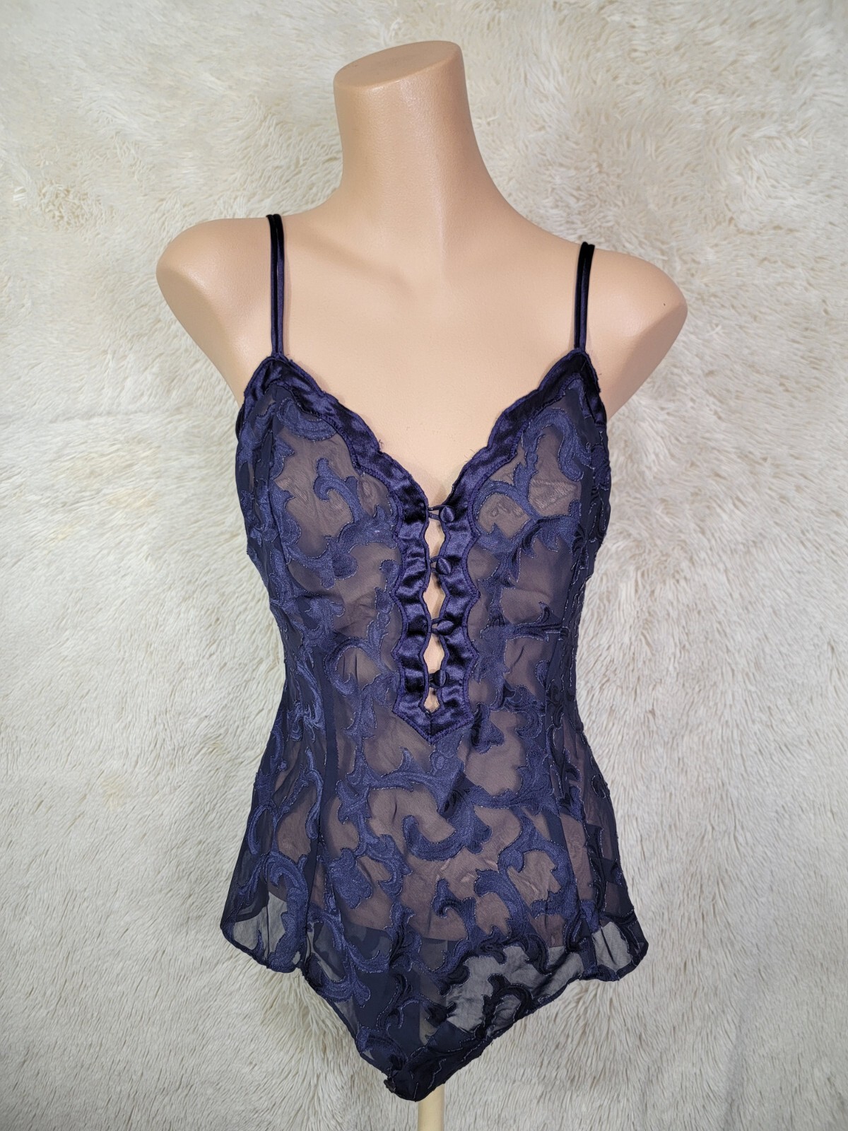 VTG Victoria’s Secret Size S Gold Label Semi Sheer Teddy Romper Playsuit Navy I