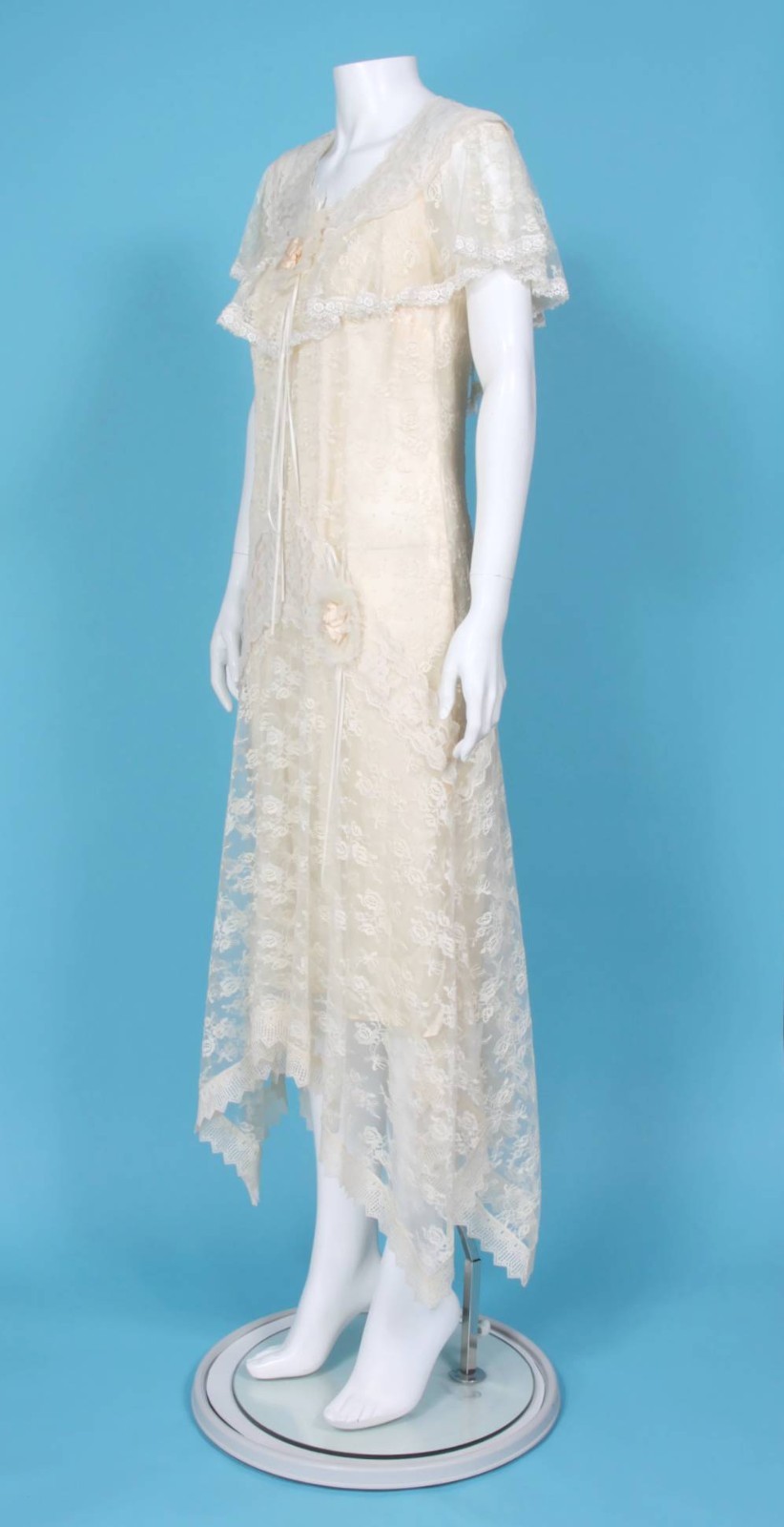 Vtg 1970s does 30s Lace Drop Waist Goddess Wedding Dress Flutter Sleeve 3/4 /610