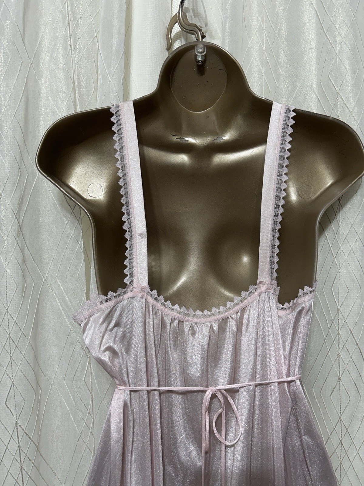 VTG M L Deena Nightgown Sweetest Pink Shiny Nylon sheer Lace Gown Wide straps