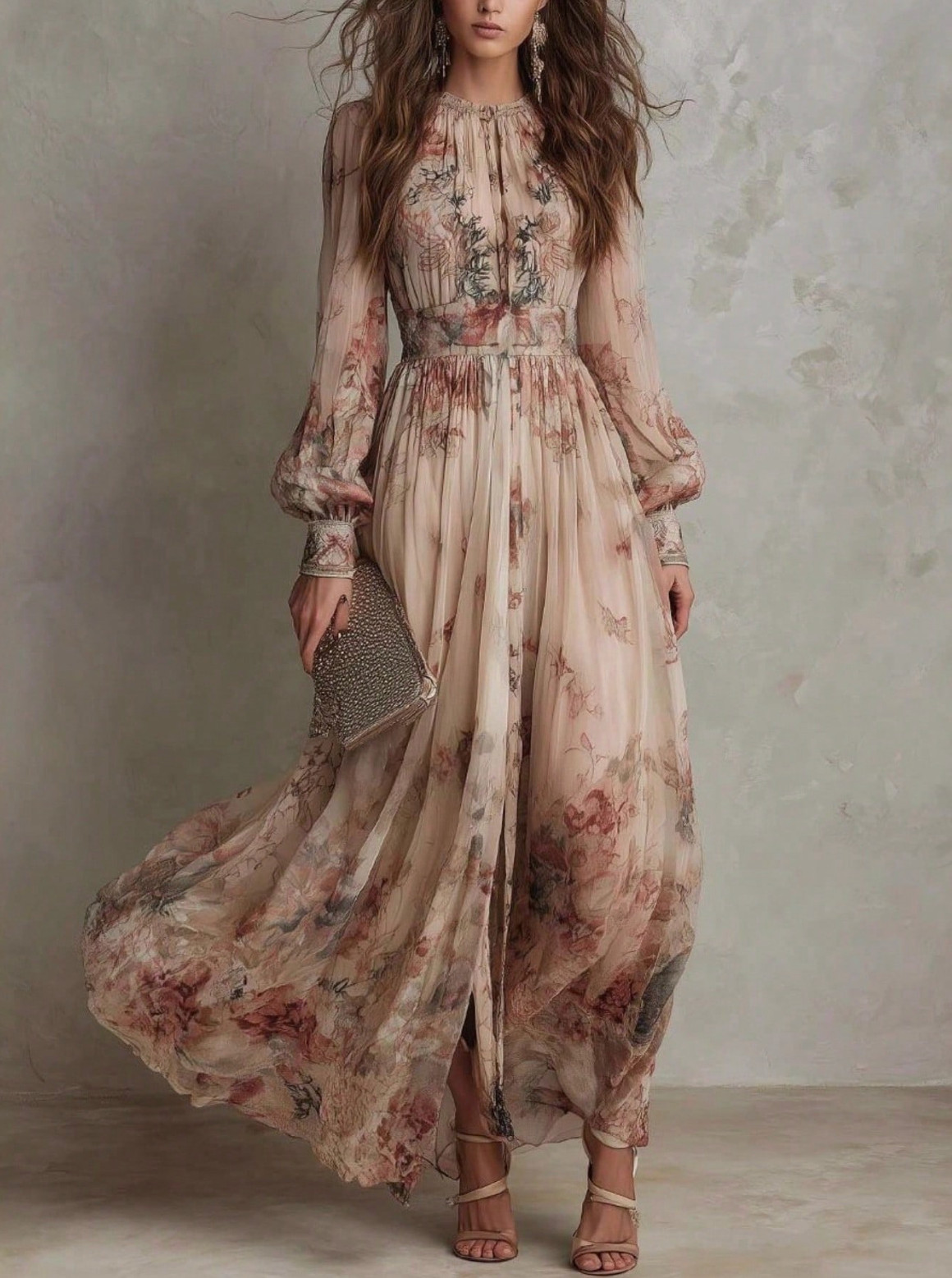 2026 Casual Gown With A Vintage Floral Chiffon Design, Crew Neck, Long Sleeves